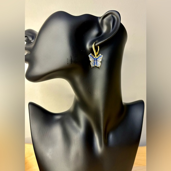 Beautiful Gold Plated 925 Blue Rhinestone Butterfly Earrings - Picture 2 of 10
